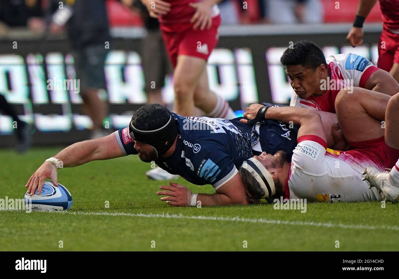 Solde le Bevan Rodd de Sharks marque un essai lors du match Gallagher Premiership au stade AJ Bell, sale. Date de la photo: Vendredi 4 juin 2021. Banque D'Images