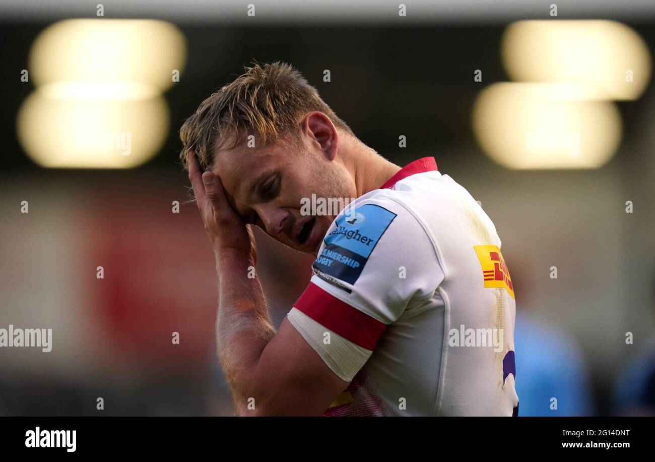 Scott Steele de Harlequins semble abattu lors du match Gallagher Premiership au stade AJ Bell, sale. Date de la photo: Vendredi 4 juin 2021. Banque D'Images