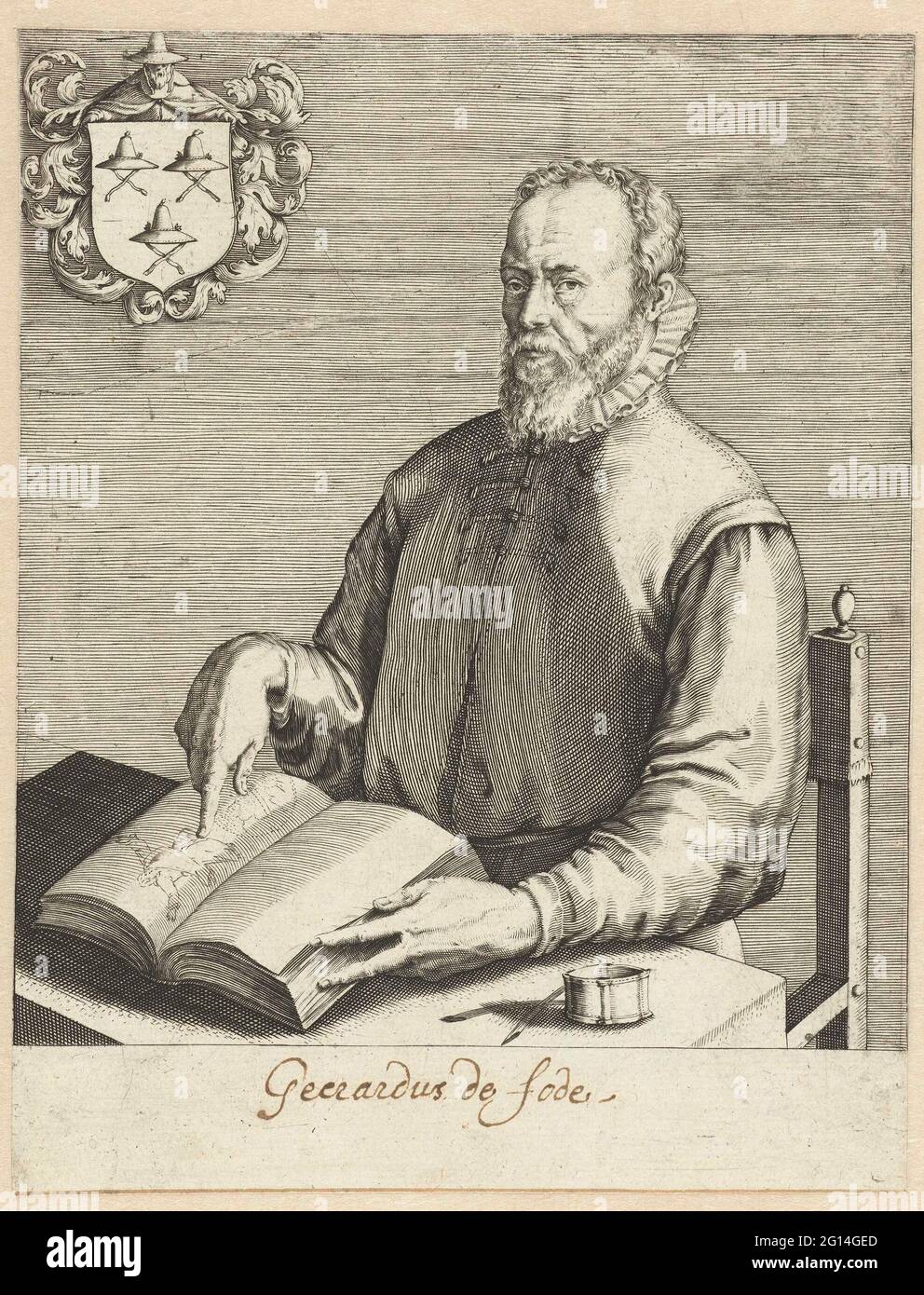 Portrait de Gérard de Jode. Portrait d'un homme, moitié amoureux, assis à une table, pointant dans un livre. Au-dessus d'une arme. Sous le spectacle, un espace a été laissé pour une légende. Banque D'Images