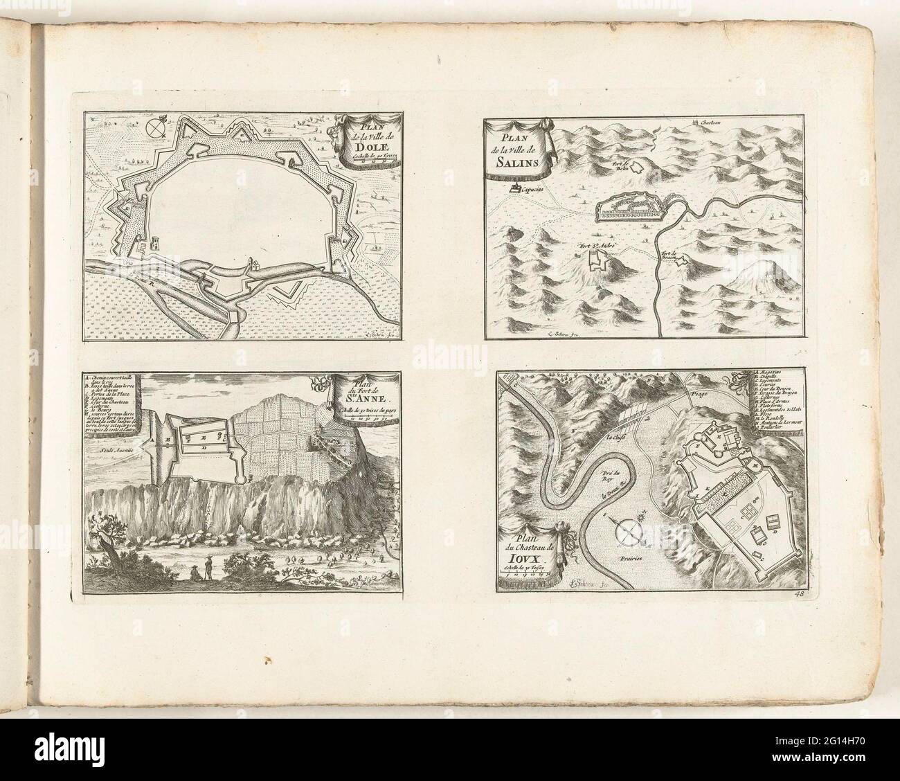 Plans d'étage par Dôle, Salins, Sainte-Anne et Joux, ca. 1702; Dole / Salins / Sainte-Anne / Joux; les Forces de l'Europe, Asie, Afrique et Amérique, ou Description des principes salles avec leurs fortifications. Dessignées par LES MEILLEURS ingénieurs, fête privée celles qui sont sous la domination de la France (...) Et des commandes des plusieurs Superbes Edifes. Appartements des défenses aux villes de Dôle, Salins, Sainte-Anne et Joux. Plaque n° 48 dans la photo dans le contexte d'un total de 276 plaques numérotées de villes fortes et forteresses renommées dans le contexte de la guerre de succession espagnole. Pour la plupart Banque D'Images