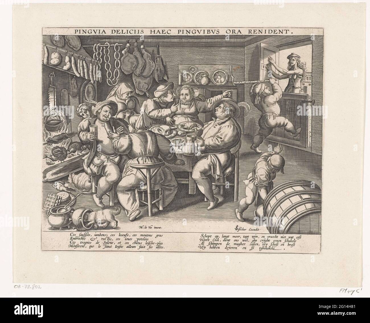 La cuisine grasse. La cuisine grasse. Intérieur dans lequel un groupe de personnes grasses à une table fait à toutes sortes de nourriture et de boissons trop bien. Sur la gauche est cuit et rôti dans la cheminée. À l'arrière-plan, une femme maigre est poussée à la porte avec un bâton. Avec légende de quatre règles en français et quatre règles en néerlandais et inscription d'une règle en latin. Banque D'Images