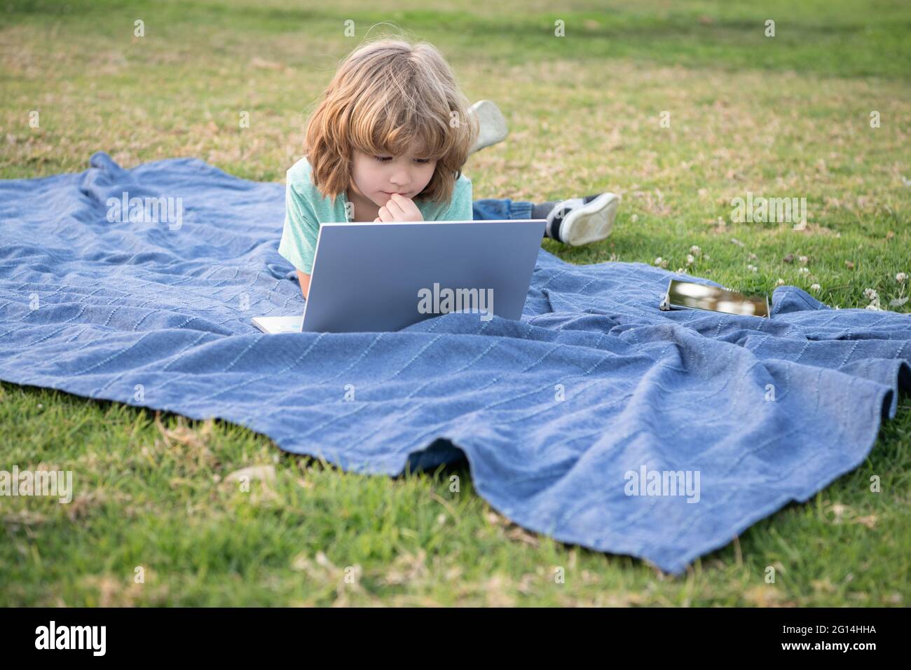 Garçon enfant surfer sur Internet dans ordinateur portable se détendre sur une couverture naturelle à l'extérieur, l'éducation à distance Banque D'Images