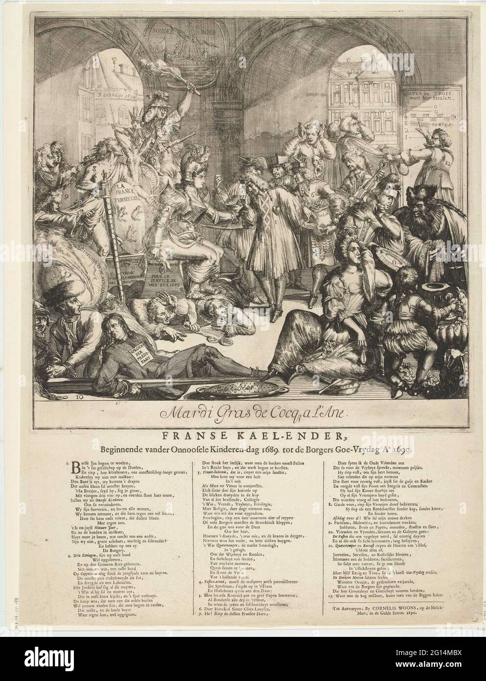 Caricature sur le désaccord entre Willem III et Amsterdam, 1690; Mardi gras de Cocq A l'Ane; Français Kael-Ender, à partir de vander le jour des enfants 1689. Au Borgers Go-Vrydag Ao. 1690; caricatures sur Jacobbus II et Louis XIV et les événements des années 1688-1689. Caricature sur les désaccords entre Willem III et Amsterdam, 1690. La ville est accusée de s'accrocher à la France. Un homme avec le bras d'Amsterdam sur le maillot debout pour la France couverte qui s'assoit sur une toilette et descend son dos avec les privilèges. Derrière le Dauphin sur un âne et un chalumeau à la main. Pour lui, l'enfant pauvre ou Banque D'Images