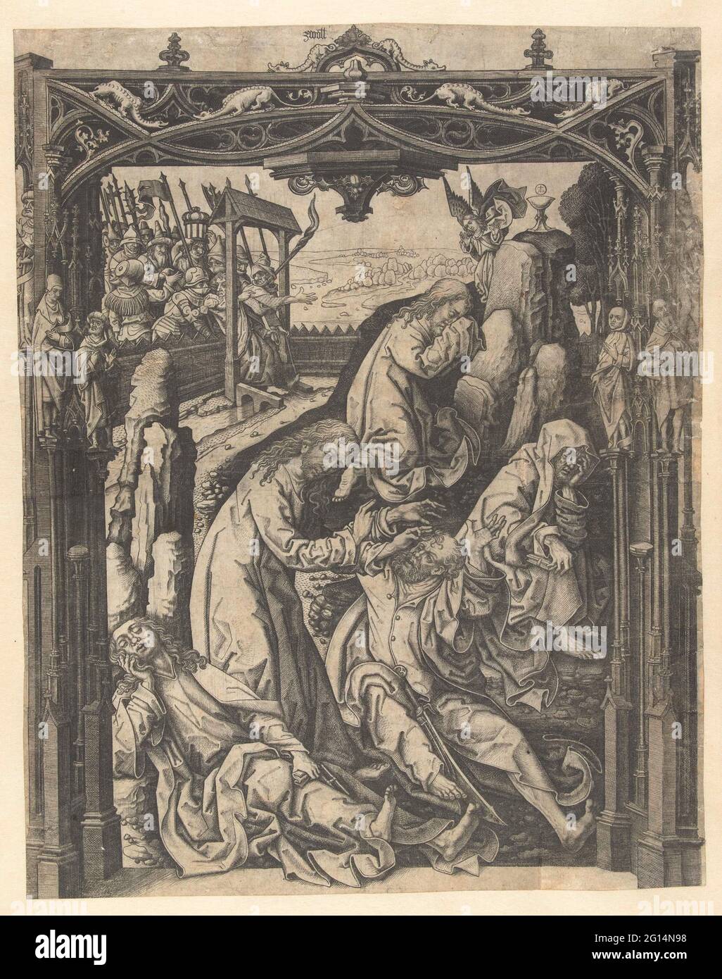 Christ sur l'olivier. Cadre gothique autour de la représentation du Christ sur l'olivier. Banque D'Images