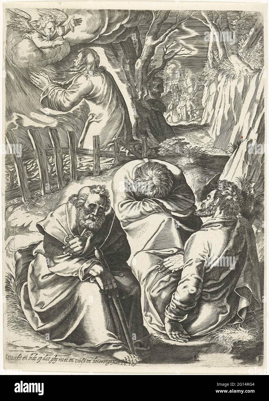 Christ dans la cour de Gethsemane. Le Christ prie sur la montagne de l'olive et un ange apparaît pour lui et lui donne un but. Trois disciples qui affaibliraient un peu plus se sont endormis. En arrière-plan, tous les soldats, que le Christ voulait prendre, peuvent être vus. Sous le spectacle un frais de mat 26. Banque D'Images