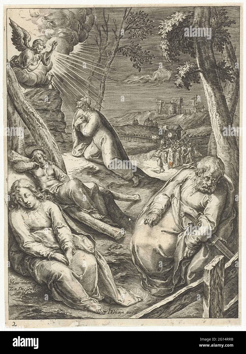 Christ dans la cour de Gethsemane; passion du Christ. Le Christ prie sur la montagne de l'olive et un ange apparaît pour lui. Les disciples qui se réveillent avec lui se sont endormis. En arrière-plan, tous les soldats peuvent être vus qui veulent prendre le Christ pris et tirer de la ville à la montagne. Imprimé à partir d'une série de 13 imprimés et d'un imprimé de titre fabriqué par Z. Dolodo et J. de Gheyn II Banque D'Images