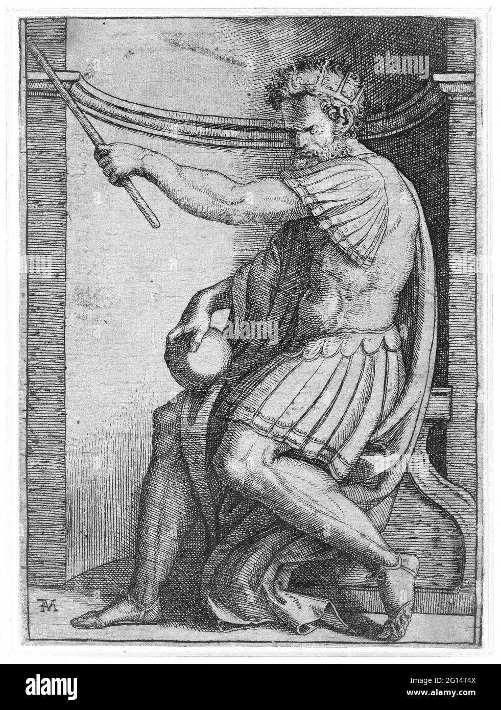 Empereur avec couronne et sceptre et globe assis sur le trône dans la niche. Banque D'Images