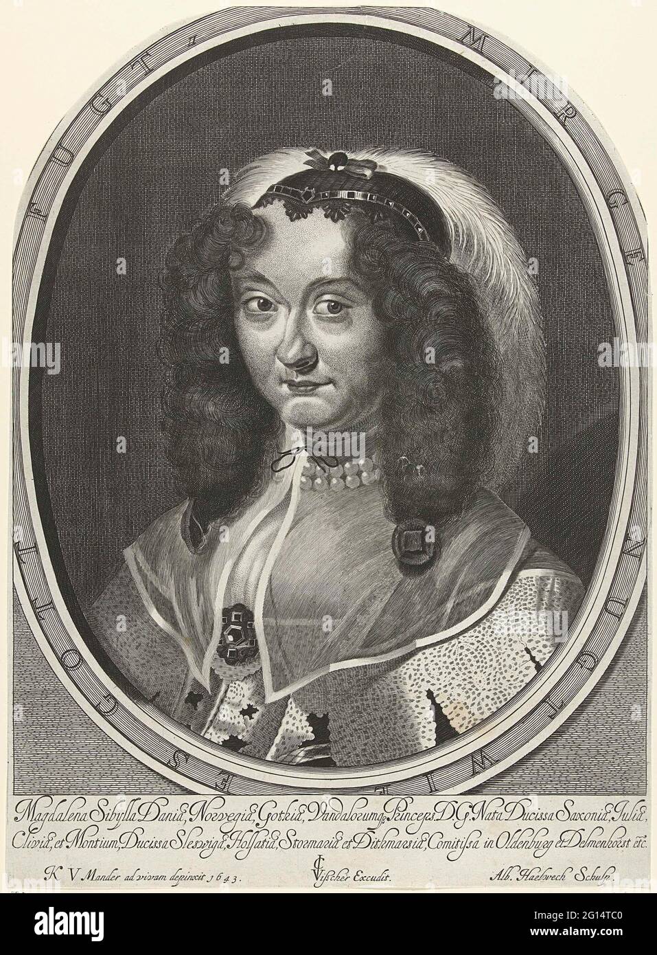 Portrait de Magdalena Sibylla de Saxe, princesse du Danemark. Portrait à gauche de Magdalena Sibylla de Saxe, princesse du Danemark, dans un ovale avec un texte à deux pattes en latin. Banque D'Images