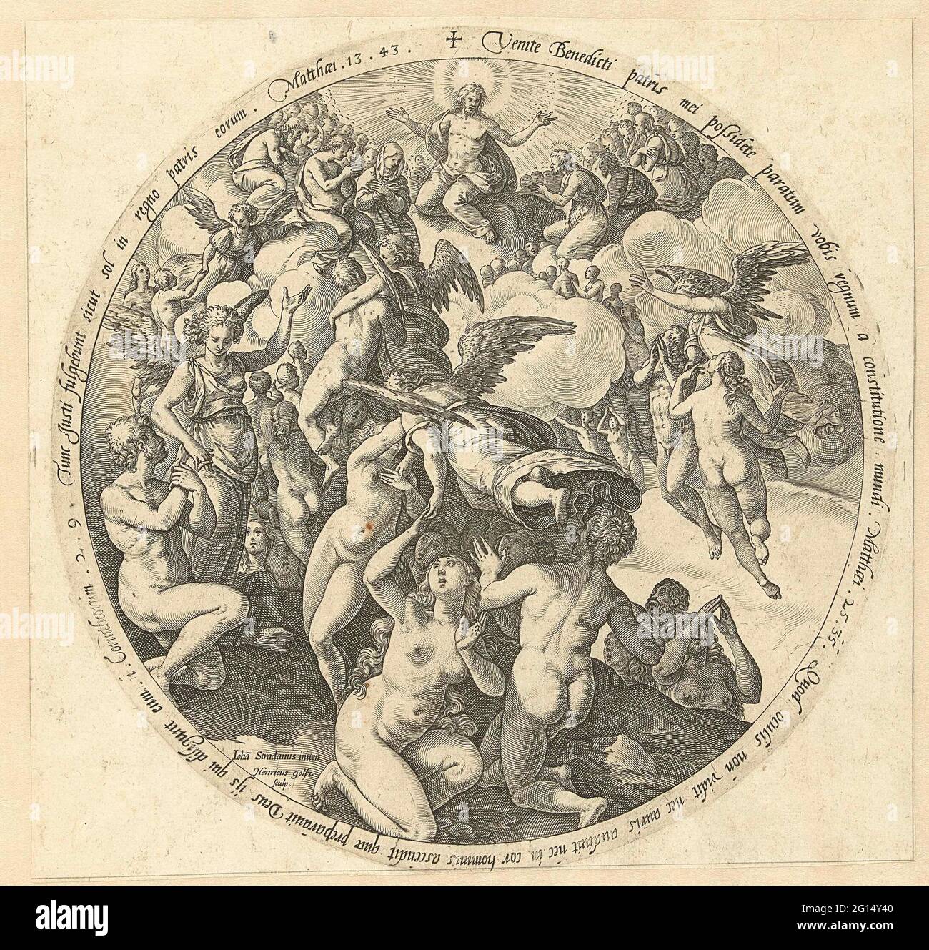 Les blesseds sont reçus dans le ciel; le jugement final. Représentation ronde de l'arrivée des bénies dans le ciel. Les anges accompagnent les âmes vers le haut, où le TROOVS du Christ au milieu d'un écrasement de saints (y compris Maria). À l'affichage des textes de la Bible en latin. Cette impression fait partie d'une série de quatre tirages ronds avec de dernières scènes de jugement. Banque D'Images