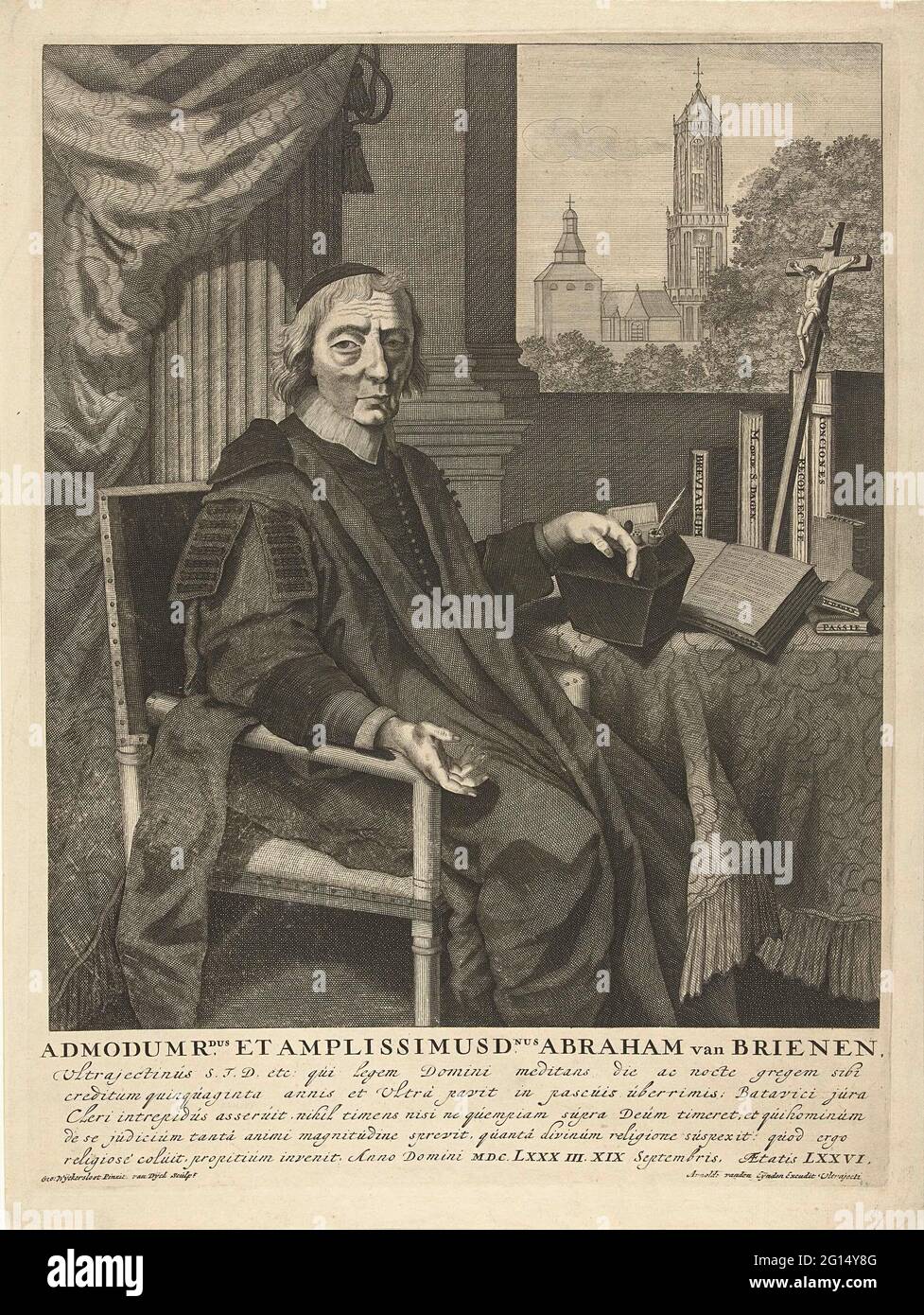 Portrait du Pasteur Abraham van Brienen. Portrait du Pasteur Abraham van Brienen dans sa salle d'étude avec vue sur la Tour Dom et le Buurkerk à Utrecht. Van Brienen s'assoit à la table et s'incline avec sa main gauche sur son béret. Il y a un crucifix sur la table et une collection de livres de dévotion. Banque D'Images