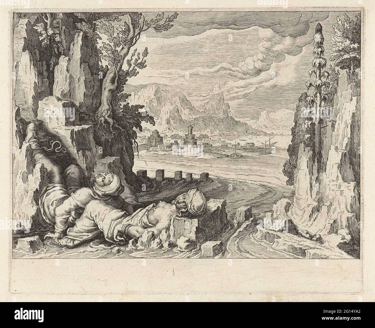 Une femme de pêche se noie avec son homme malade incurablement dans la mer. Une femme de pêche se noye et son mari dans la mer pour les racheter de la souffrance et de la douleur. La femme de pêche se trouve avec sa tête sur une pierre, sur son dos dans l'eau. Son mari repose avec son dos sur ses jambes et avec ses jambes contre un rocher. Page d'un livre avec texte sur le verso. Banque D'Images