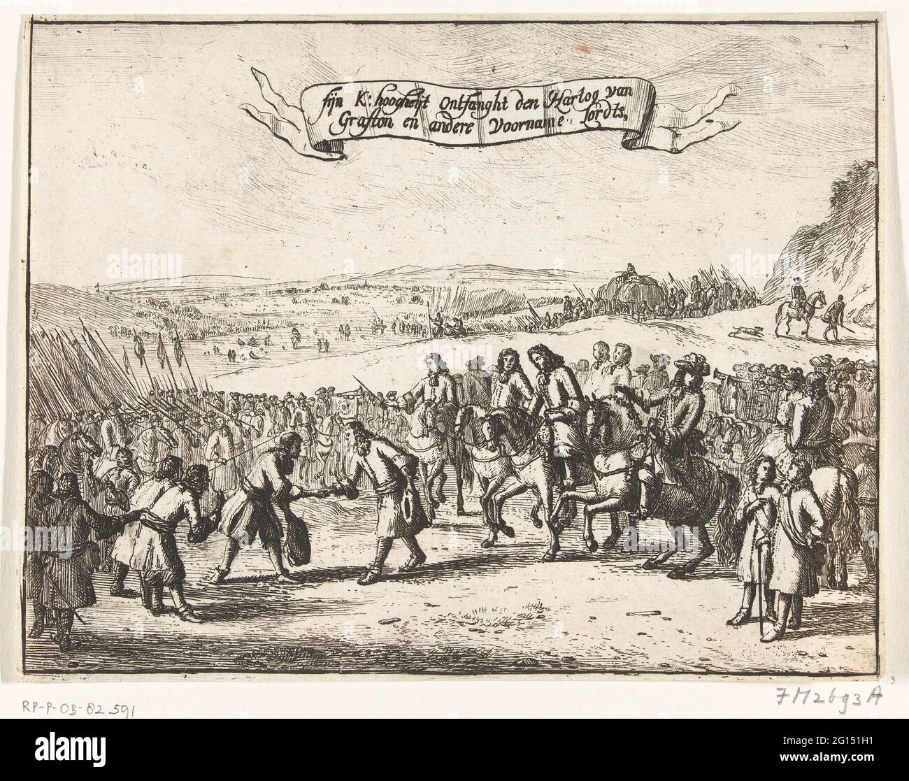 Le prince rencontre le duc de Grafton, 1688; Sijn K: Hoogheijt de Hartog van Grafton et d'autres cordtts; quatre plaques sur l'atterrissage et la réception de Willem III en Angleterre en 1688. Le Prince Willem III secoue la main de Henry Fitzroy, 1er duc de Grafton. Sur la droite autres nobles à cheval, en arrière-plan l'armée de Willem III Banque D'Images