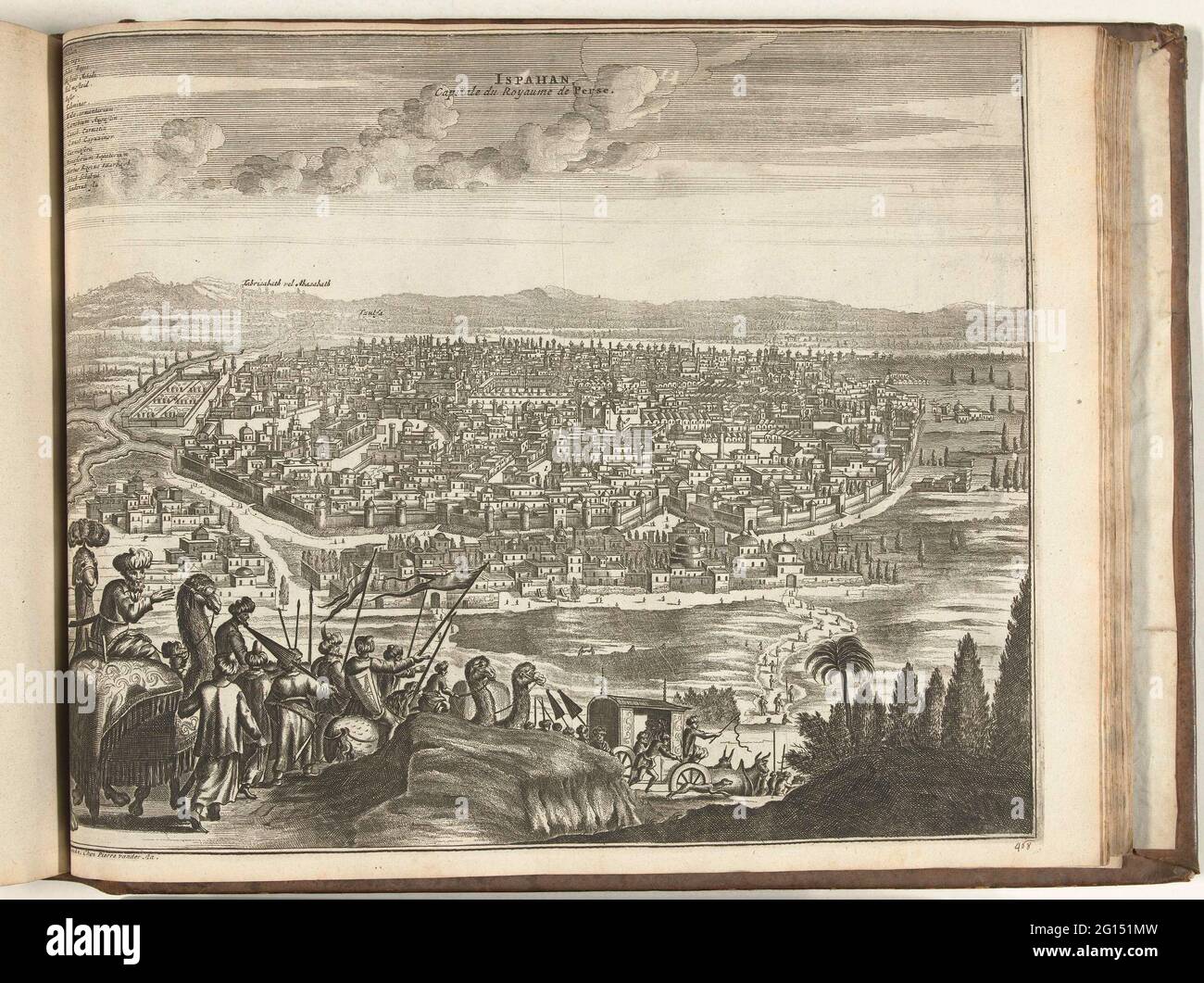 Face sur Isfahan, 1726; Ispahan, capitale du Royaume de Perse; les Forces de l'Europe, Asie, Afrique et Amérique (...) Comme Aussi les cartes des Côtes de France et d'Espagne. Vue sur Isfahan, en premier plan une caravane avec un gel et des chameaux. Plaque n° 468 dans la partie XIX de la photo: Les Forces de l'Europe, Asie, Afrique et amic ... Comm Aussi les cartes des Côtes de France et d'Espagne à partir de 1726, cette deuxième partie avec 271 plaques numérotées à la main de villes fortes et forteresses renommées dans le contexte de la guerre de succession espagnole 1701-1713. Pour la plupart, ces plaques ont été copiées vers TH Banque D'Images