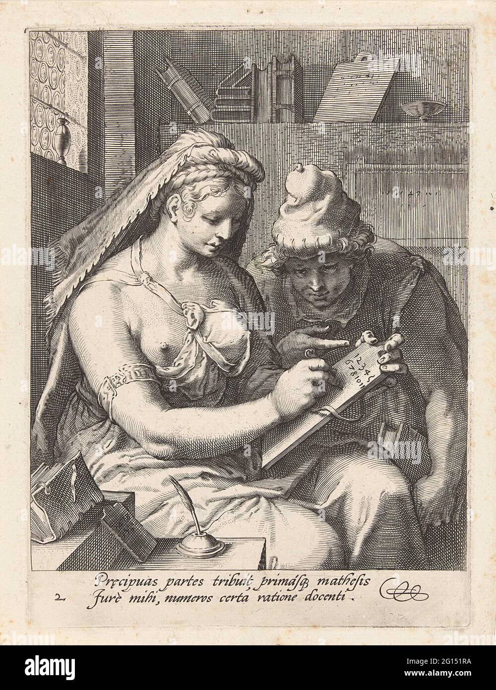 Arithmétique (aritmétique); les sept arts libéraux l'Arithmétique écrit les chiffres de 1-11 sur une planche à fente. Un étudiant, avec un chapeau et un livre dans sa main, regarde avec elle. Sur la table et sur le mur sur une étagère se trouvent les livres et les tables d'écriture. Avec une légende latine de C. Schonaeus. Banque D'Images