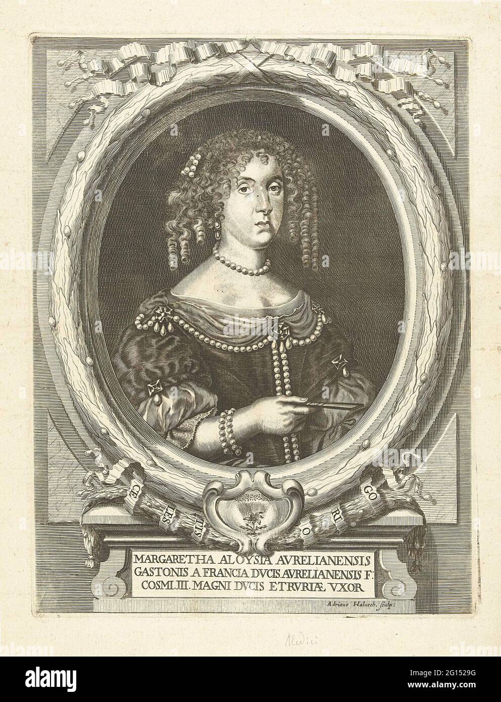 Portrait de Marguerite Louise d'Orléans; Portraits de la famille des 'Medici. Portrait demi à droite de Marguerite Louise d'Orléans, fille de Gaston d'Orléans et épouse de Cosimo III de Medici, dans un ovale entouré d'une couronne de Laurier. Au fond d'une cartouche, une fleur et une couronne à rayons. En dessous de cela sur une tablette sous une plinthe son nom et deux lignes en latin. Banque D'Images