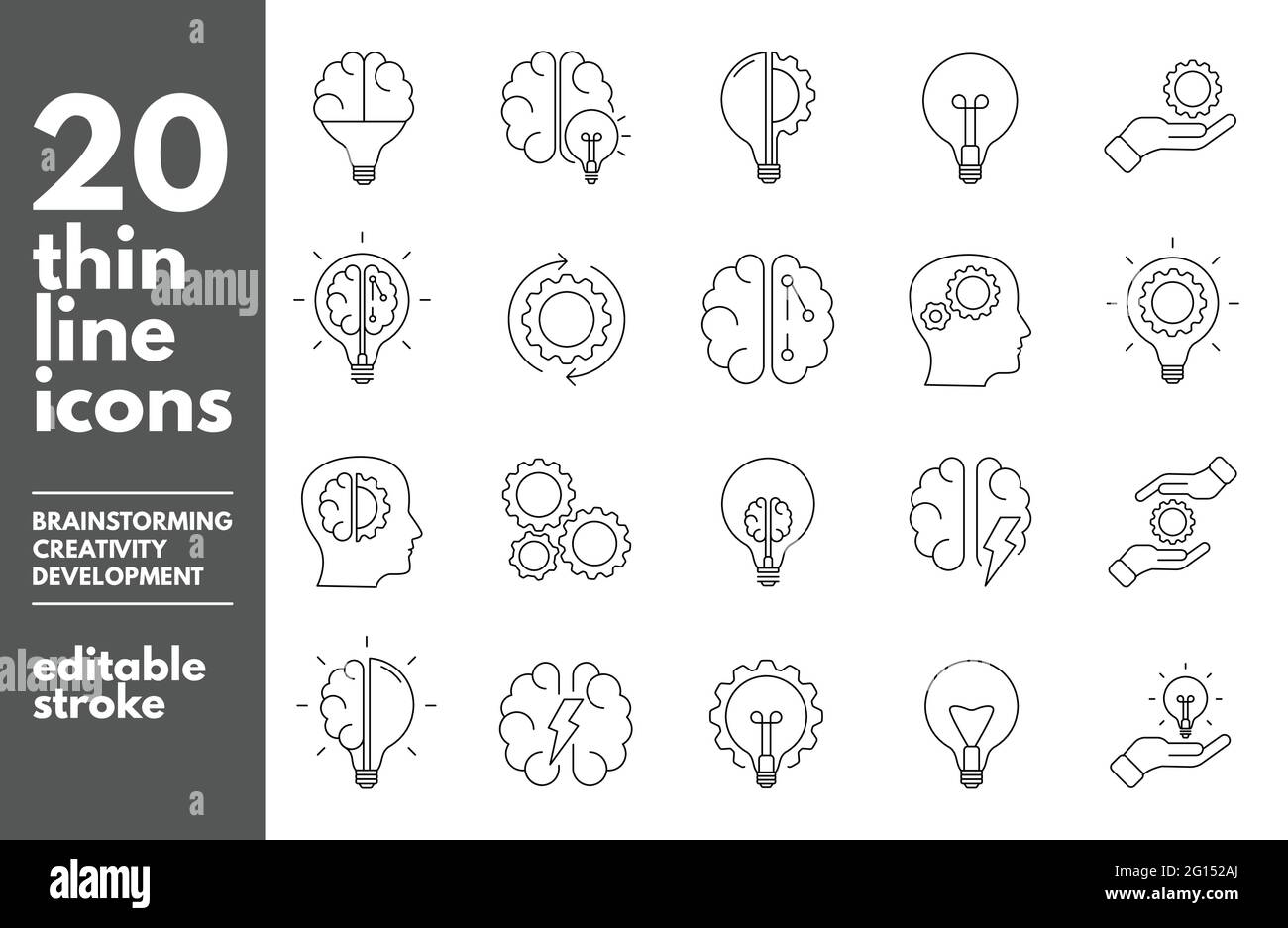 Réfléchissez à un ensemble d'icônes de ligne fine. Lumière artificielle, cerveau, ampoule, créatif, développement, Connaissances, brainstorming, remue-méninges, solution modifiable Illustration de Vecteur