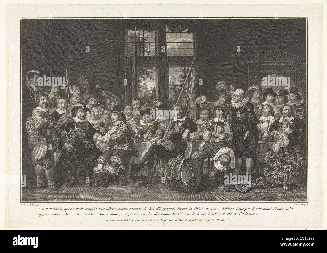 Les tireurs repas dans la mogelroom de pied ou Saint Joris derels à Amsterdam pour célébrer la paix de Munster, 18 juin 1648; les Hollandois, après avoir avoir reçu Conquis Leur liberté, Contre Philippe II Roi d'Espagne, Judent la pêche de 1609. Tableau Peach par Bartholomé Vander helst qui se trouve à la Maison de ville d'Amsterdam, et gravé sous la direction du Citoyen le Brun, Peintre et MD. Les tableaux. Les tireurs repas dans le jackoo de pied ou Saint Joris derels à Amsterdam pour la célébration de la paix de Munster, 18 juin 1648. Il est proposé: Capitaine Cornelis Jansz Witsen (avec le hur d'argent Banque D'Images