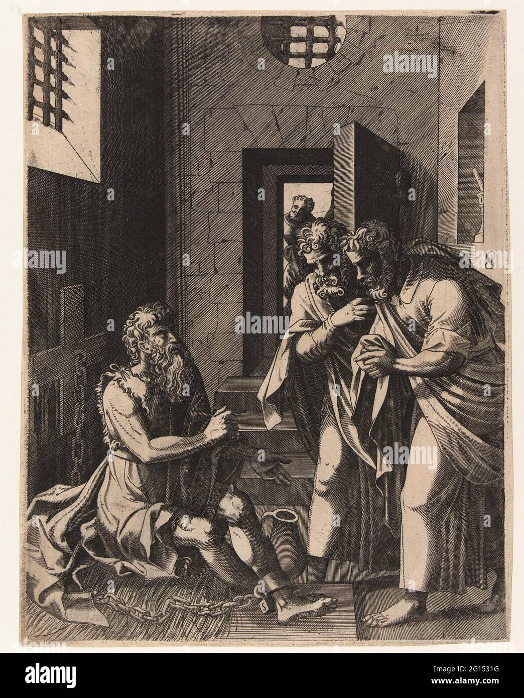 Jean-Baptiste en prison; la vie de Jean-Baptiste. Prison avec Johannes assis et enchaînés. Deux étudiants lui rendent visite. Banque D'Images Jean-Baptiste en prison; la vie de Jean-Baptiste. Prison avec Johannes assis et enchaînés. Deux étudiants lui rendent visite. Banque D'Images