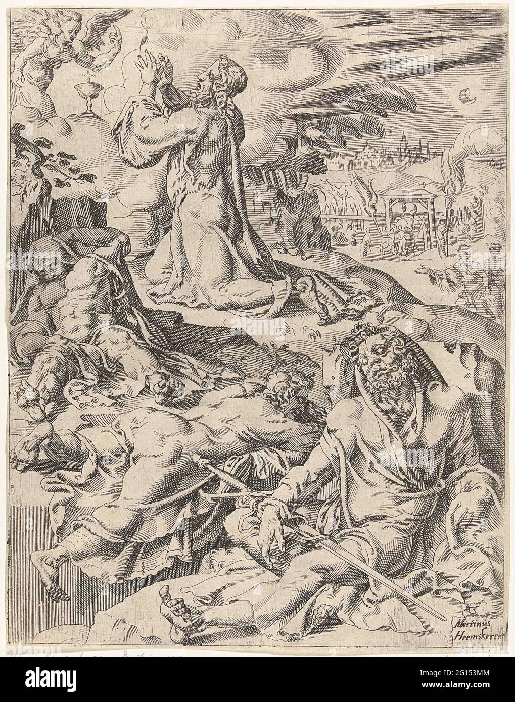 Christ dans la cour de Getemane; chute et rédemption de l'humanité par la vie et la passion du Christ. Le Christ prie Dieu à la cour des olives. Ses trois étudiants dorment entre-temps. Un ange apparaît dans les nuages pour le réconforter. En arrière-plan, Judas rejette les soldats où le Christ prie. L'imprimé fait partie d'une série de trente parties avec des imprimés sur la chute et la passion du Christ. Banque D'Images