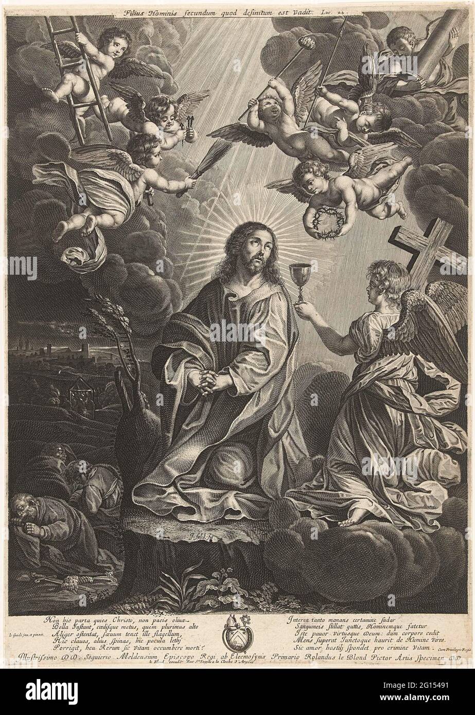 Christ dans la cour de Getemane; Christ sur l'olivier. Christ prie sur une montagne à Dieu. En plus de lui, un ange avec une croix en bois lui offre un but. Putti avec la passion les témoins flottent au-dessus de Christ. Peter, James et John dorment en arrière-plan. Sous le spectacle une arme d'évêque avec un verset latin de cinq règles de chaque côté. Banque D'Images