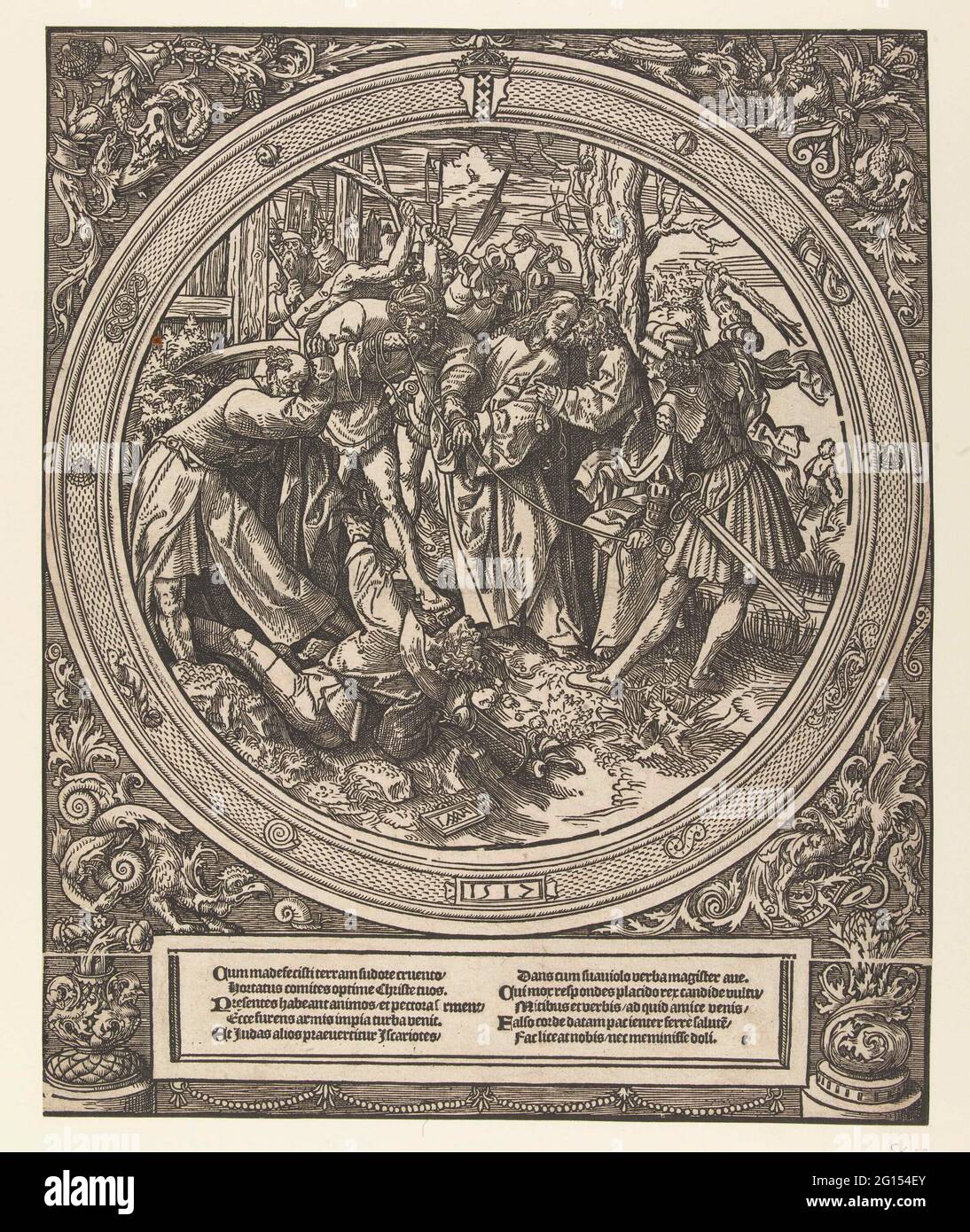 Le Judaskus, la passion ronde. À partir d'une série de douze tirages. Judas côte Christ fasciné par les soldats. Pierre à l'épée relevée, attaque Malchus. Cadre décoratif rond. Cadre inférieur avec texte en latin. Imprimé de plusieurs blocs. Banque D'Images