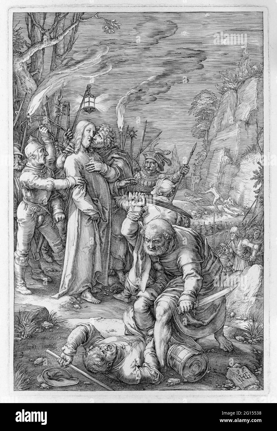 Le Judaskus; la passion. Le Christ est pris par les soldats dans la cour de Getemane. Judas l'embrasse sur la joue. Petrus Malchus hache une oreille au premier plan. Cette impression fait partie d'une série de douze passagers. Banque D'Images