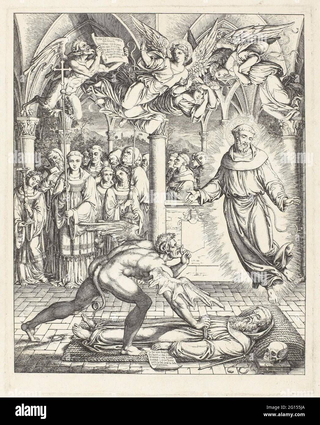 L'histoire de Guido de Montefeltro. Illustration à Inferno Divina Comedia Canto XXVII vs 67-132. Le mort Guido de Montefeltro, habillé comme un franciscain, se trouve sur le sol dans une chapelle .. Le diable le saisit à la corde pour sa taille. Sur la droite, l'apparence du H. Francis. En arrière-plan une procession funéraire. Banque D'Images