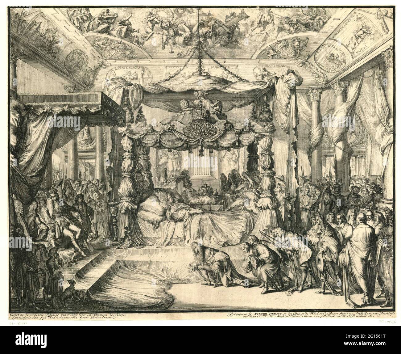 La reine Maria II Stuart sur son lit de mort, 1695; la mort et la corporation de Maria II Stuart, reine d'Angleterre, 1695. Grande représentation de la Chambre dans laquelle se trouve la reine Maria II Stuart sur son lit de mort. Sur la gauche se trouve le Willem III qui pleure sur son trône. L'imprimé est utilisé comme illustration dans Samuel Gruterus, Funeralia Mariae II Britanniarum, Haarlem 1695. Banque D'Images