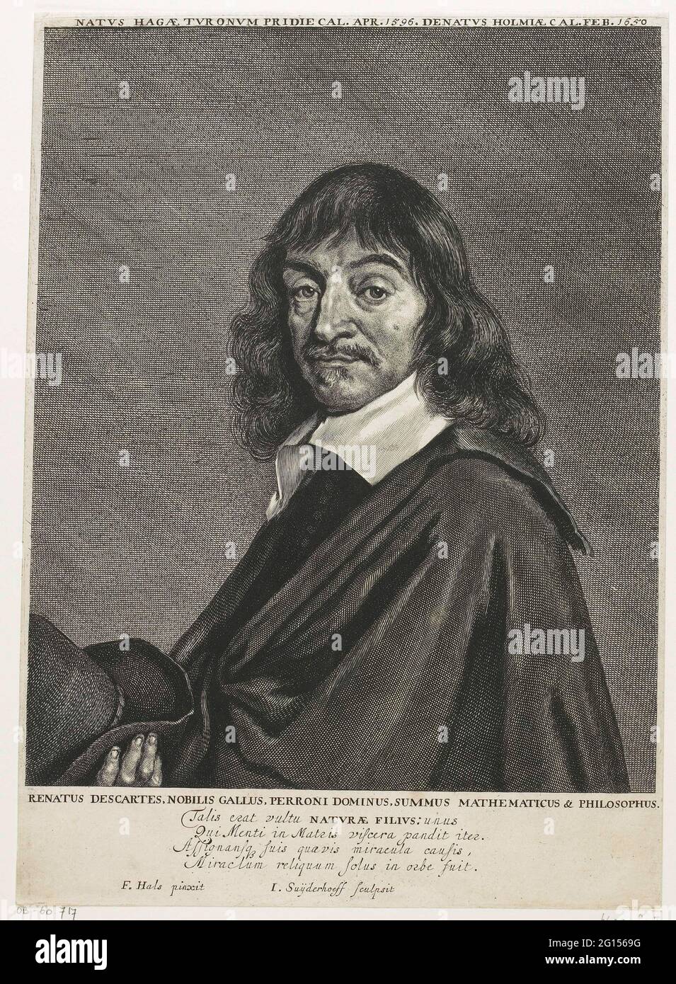 Portrait de René Descartes. Portrait de René Descartes, mathématicien et  philosophe, avec son chapeau à la main. Au bas du nom de la marge, de la  fonction et d'un verset à quatre