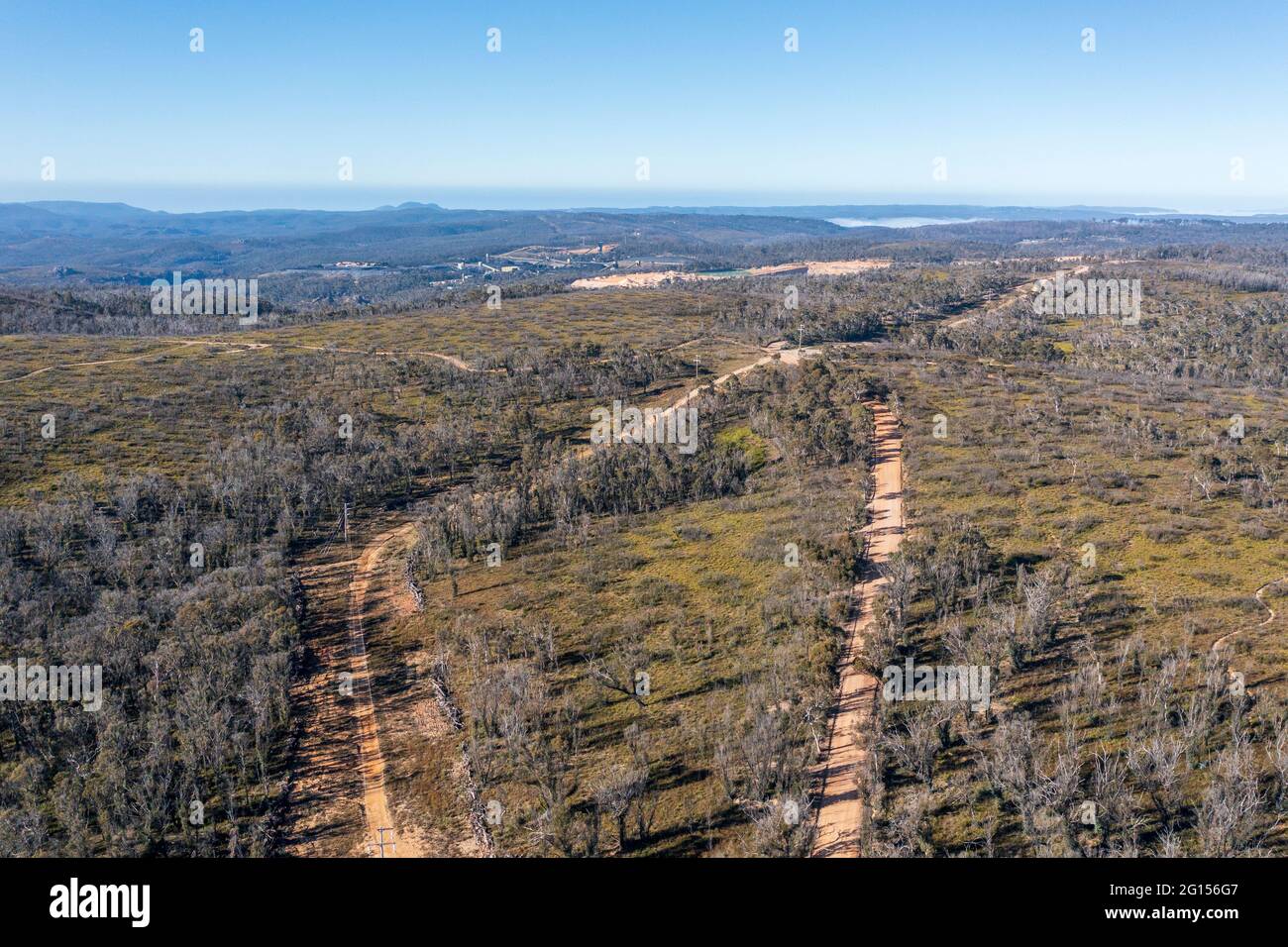 Photographie aérienne par drone d'une route de terre traversant une forêt en régénération après des feux de brousse dans les plateaux centraux de l'Australie régionale Banque D'Images