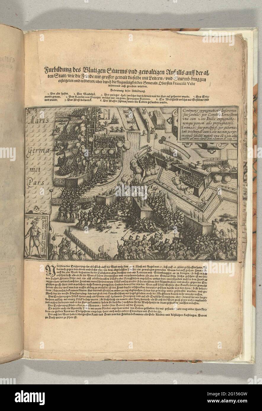 Siège à Ostende : cimage de la forteresse le 7 janvier 1602 ; Furbildung des Blutigen Sturms und Worldless Anfals Auff der Alten Statt / qui feinde mit Grosser issue Dieselbe MIT LeITERN / und Sturmb bridges Erstigeten und Eröberten / Aber durch Die Flugmütigdes Generaln Obersten Oberci Vehr Widerkeit Auss Getriben Francisden. Forte cigogne des défenses d'Ostende par les troupes espagnoles sous Albrecht, 7 janvier 1602. En bas à gauche un engagement avec une photo d'une femme espagnole soldat qui a été impliqué dans les combats, en haut à droite d'une cartouche avec inscription en latin. Ci-dessus Banque D'Images