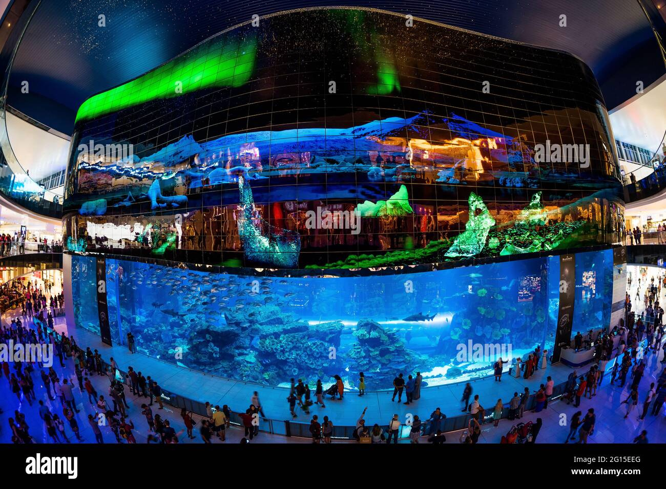 L'intérieur du centre commercial Dubai Mall via un objectif fisheye Banque D'Images