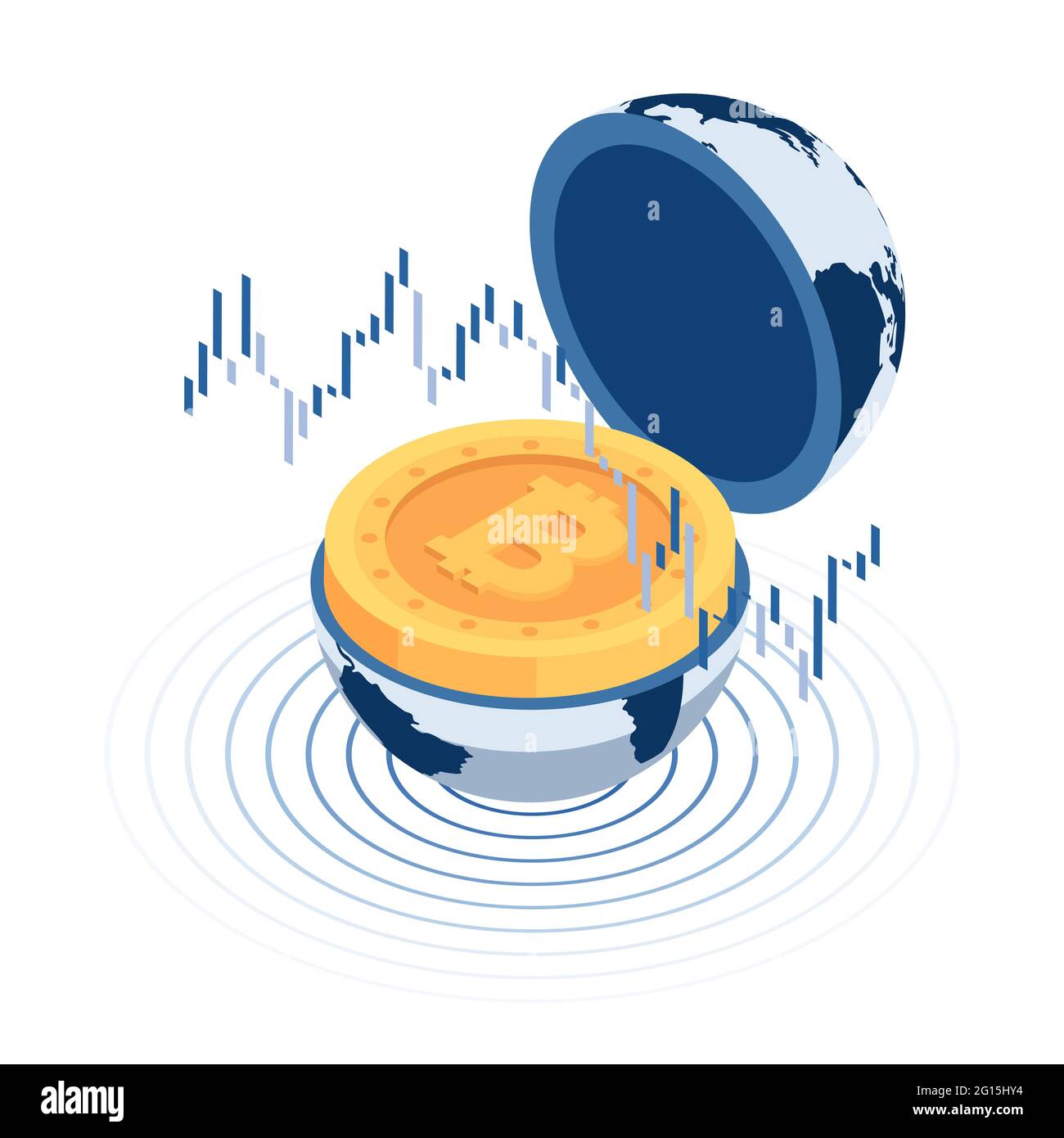 Bitcoin isométrique 3d plat à l'intérieur du World Globe avec le diagramme de Candlestick du marché boursier. Concept de crypto-monnaie et de blockchain. Illustration de Vecteur