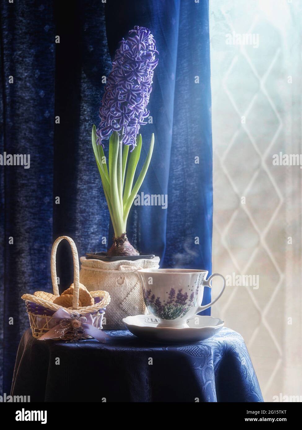 Encore la vie avec la jacinthe de fleur sur une table de thé Banque D'Images