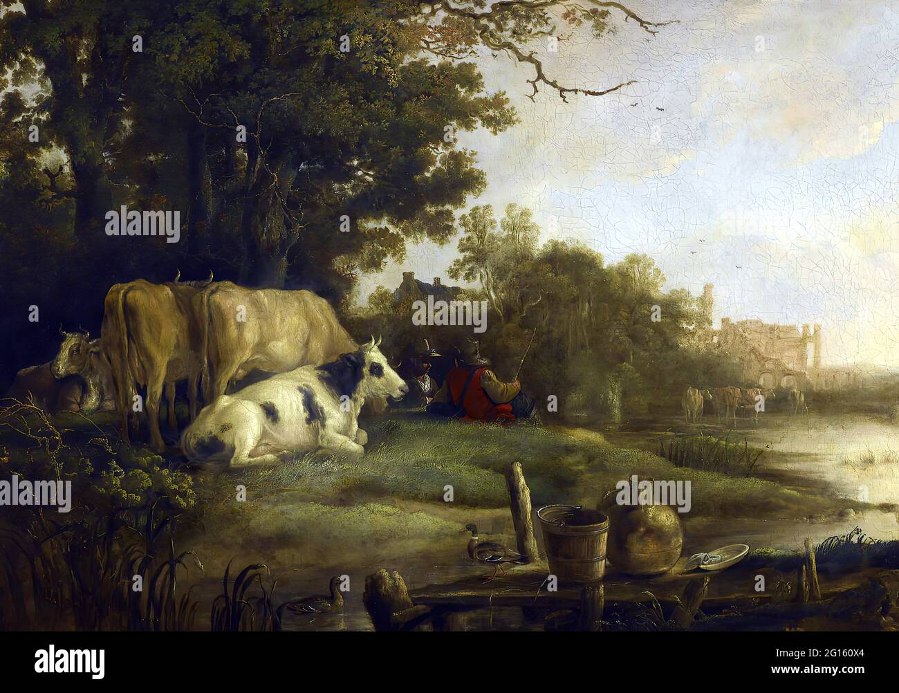 Aelbert Cuyp - vaches dans un pré au bord d'une rivière avant les ruines de l'abbaye de Rijnsburg Banque D'Images