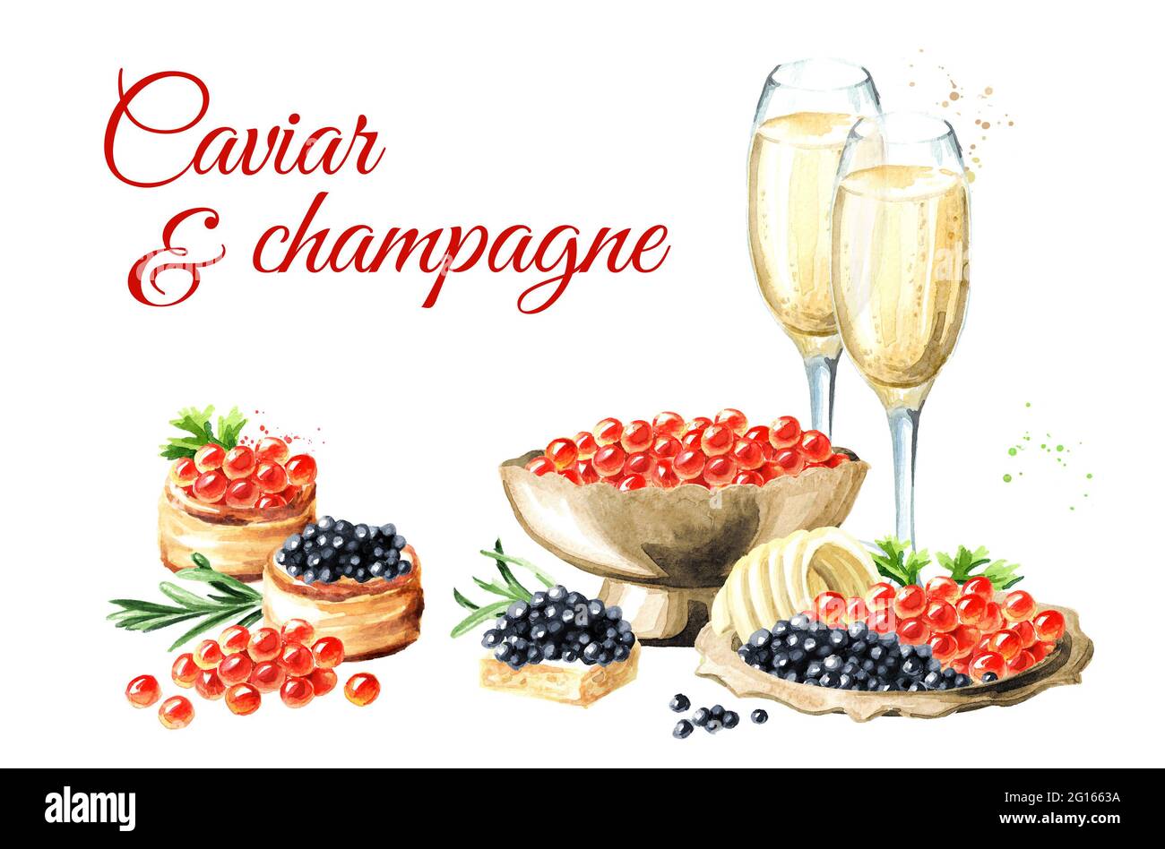 Carte caviar et champagne. Illustration aquarelle dessinée à la main, isolée sur fond blanc Banque D'Images