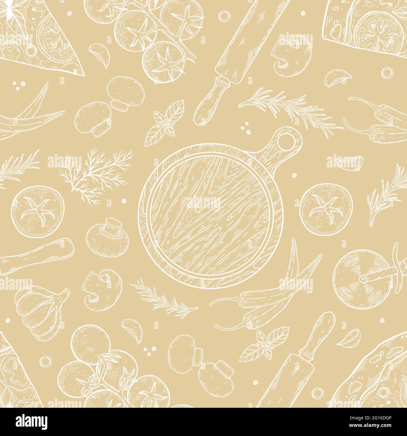 Fond d'ingrédients de pizza. Graphique linéaire. Tomate, ail, basilic, olive, poivre, champignon, feuille. Motif sans couture. Illustration de Vecteur