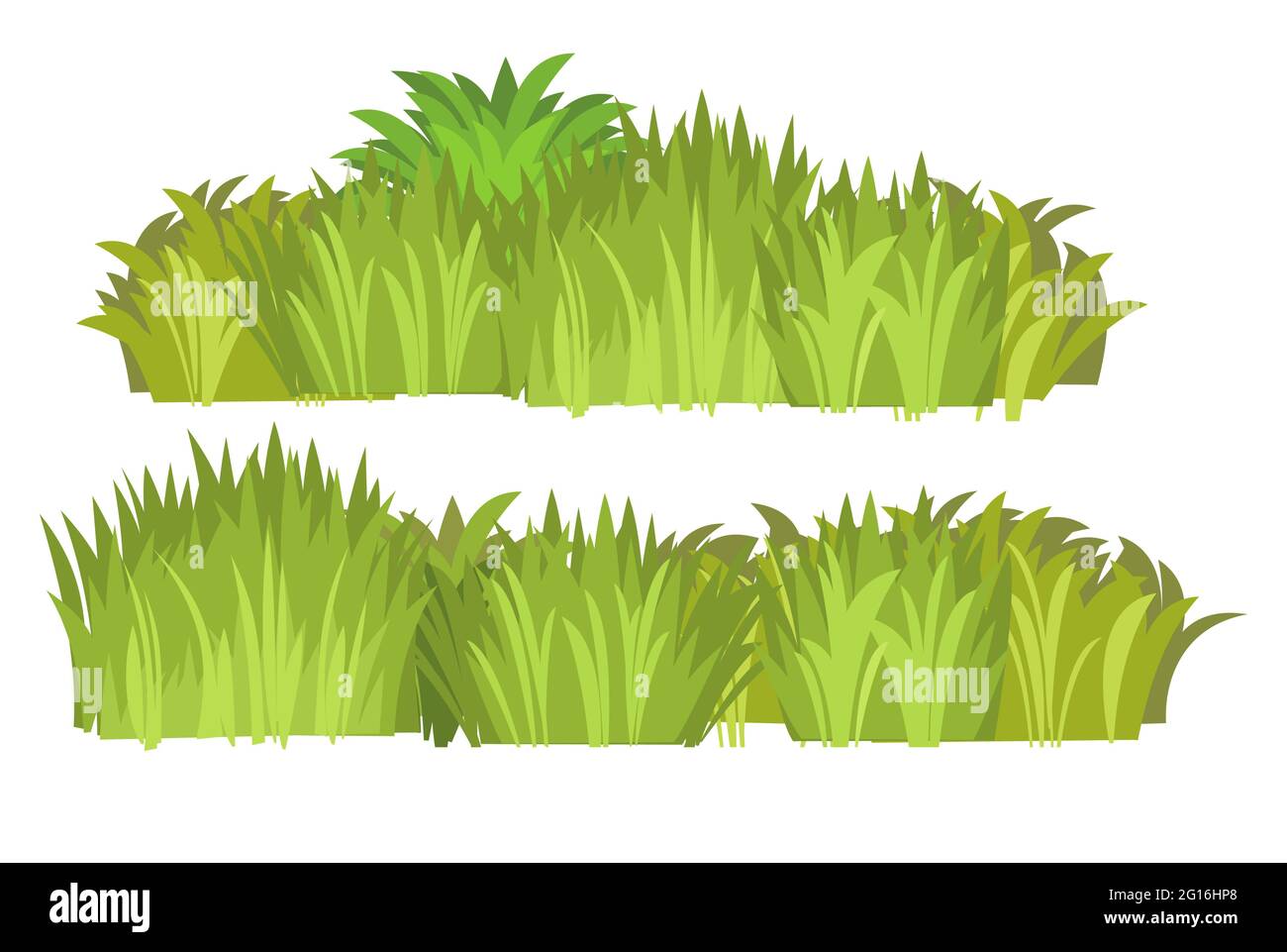 Définir. Gros plan d'une prairie avec une herbe dense. Plantes sauvages vertes rurales. Style de dessin animé. Conception plate. Pelouse non coupée. Illustration vectorielle. Art Illustration de Vecteur