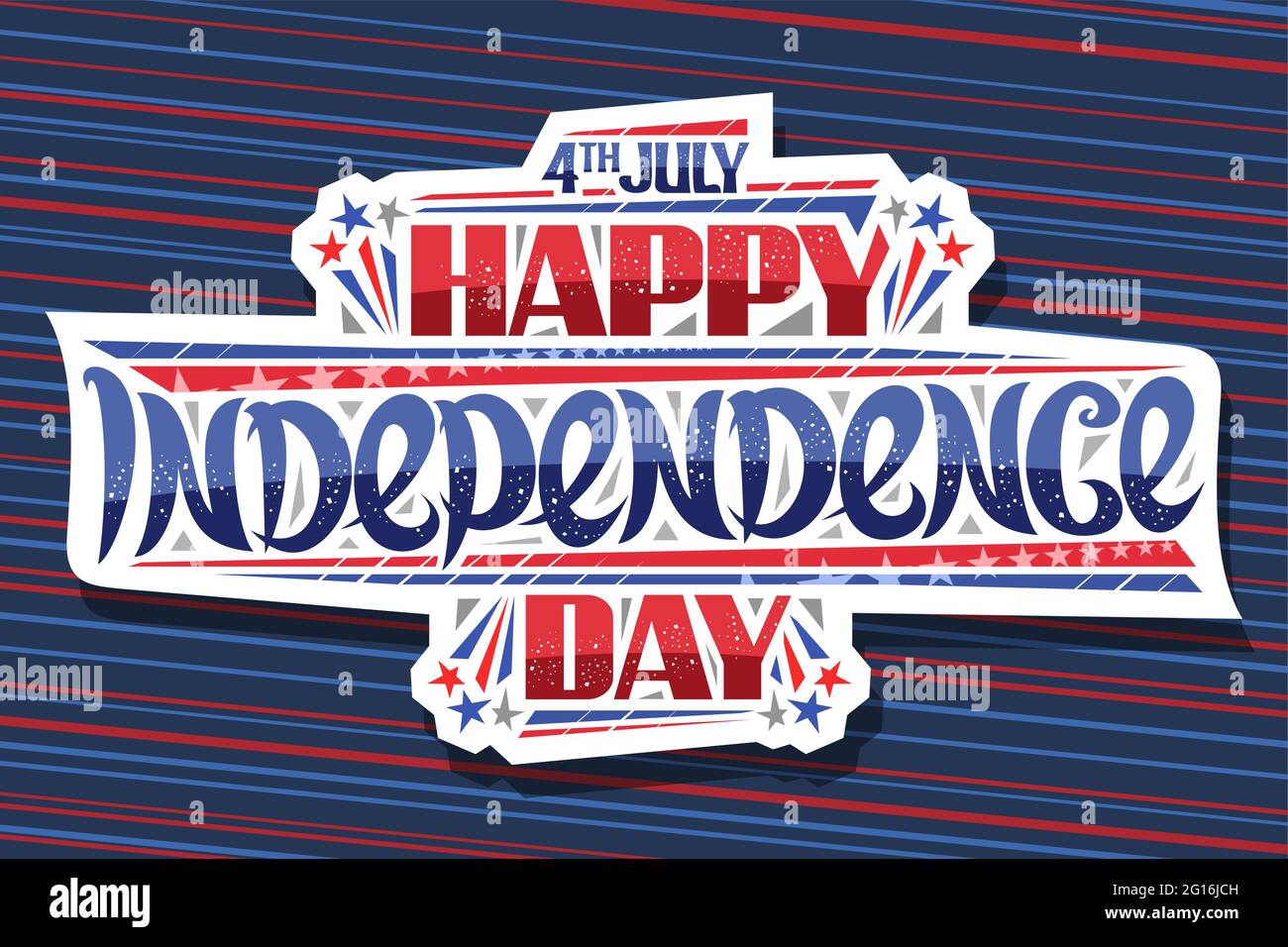 Carte de vœux vectorielle pour le jour de l'indépendance, affiche horizontale avec étiquette décorative en papier découpé, lettrage unique au pinceau pour les mots 4 juillet, heureux independide Illustration de Vecteur