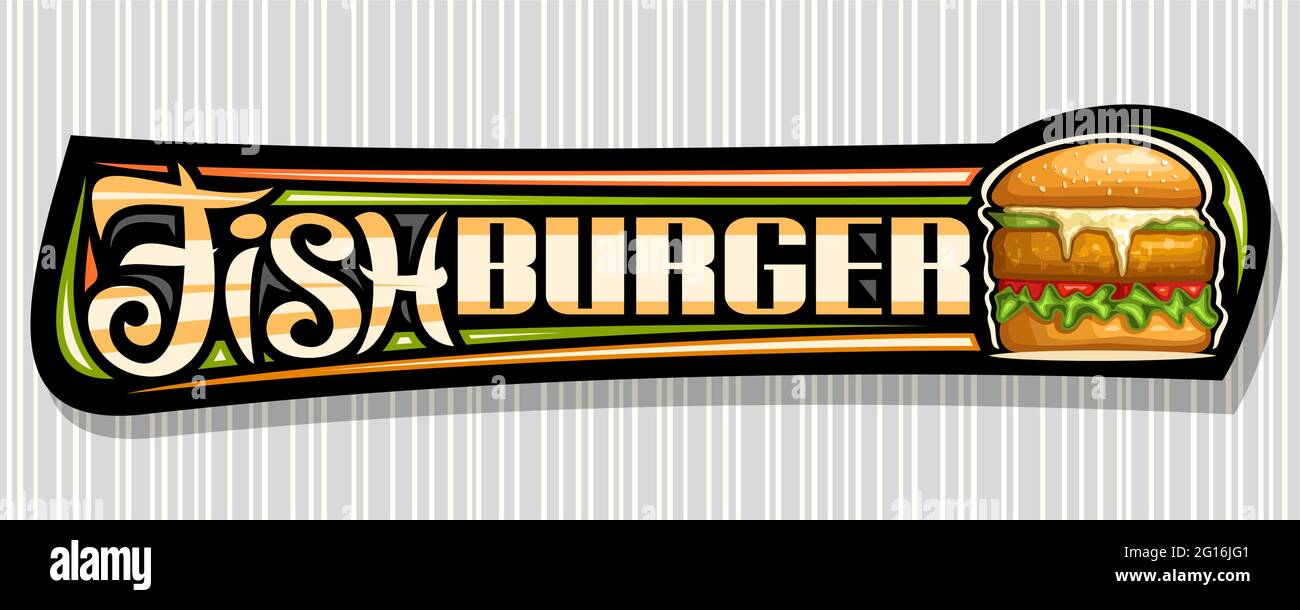 Bannière vectorielle pour le hamburger au poisson, panneau d'affichage horizontal avec illustration du hamburger avec steak grillé et légumes dans un pain au sésame, bon décoratif W Illustration de Vecteur