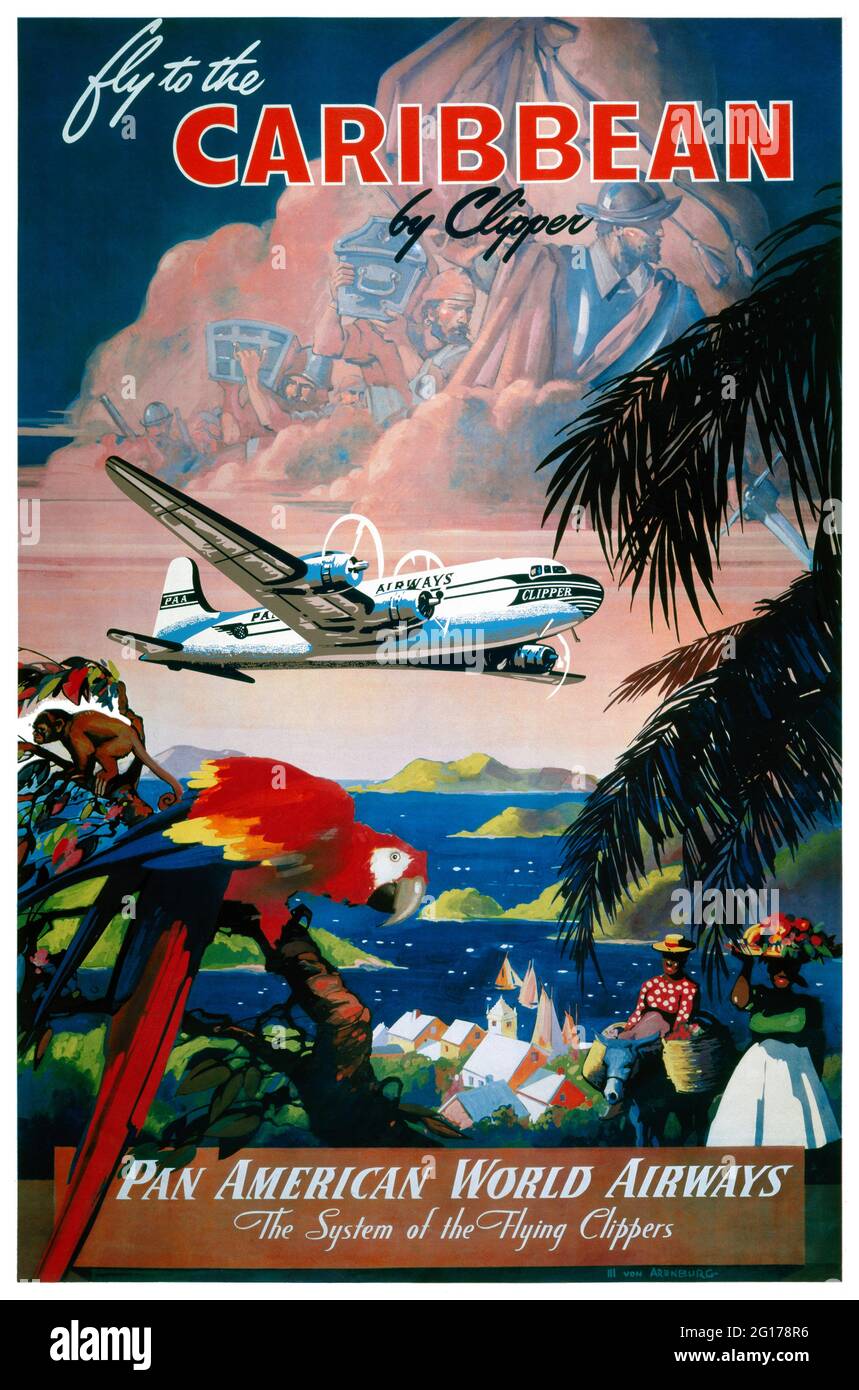 Envolez-vous pour les Caraïbes en Clipper. PAN American World Airways par Mark von Arenburg (dates inconnues). Affiche ancienne restaurée publiée ca. 1950 aux États-Unis. Banque D'Images