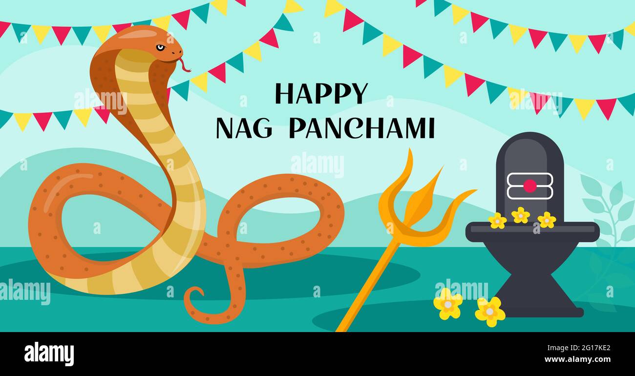 Carte de vœux Happy Nag Pancami avec cobra très grande. Festival des serpents en Inde. Illustration vectorielle Illustration de Vecteur