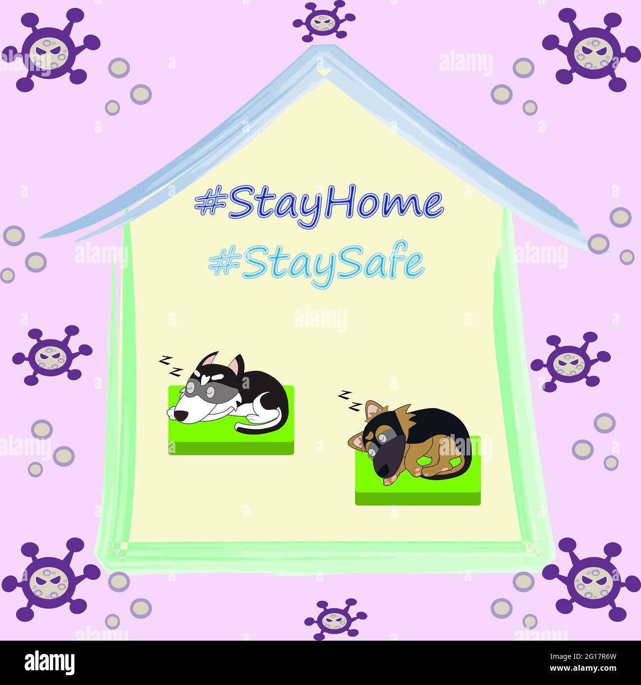 Restez à la maison, restez en sécurité avec deux petits chiens Banque D'Images