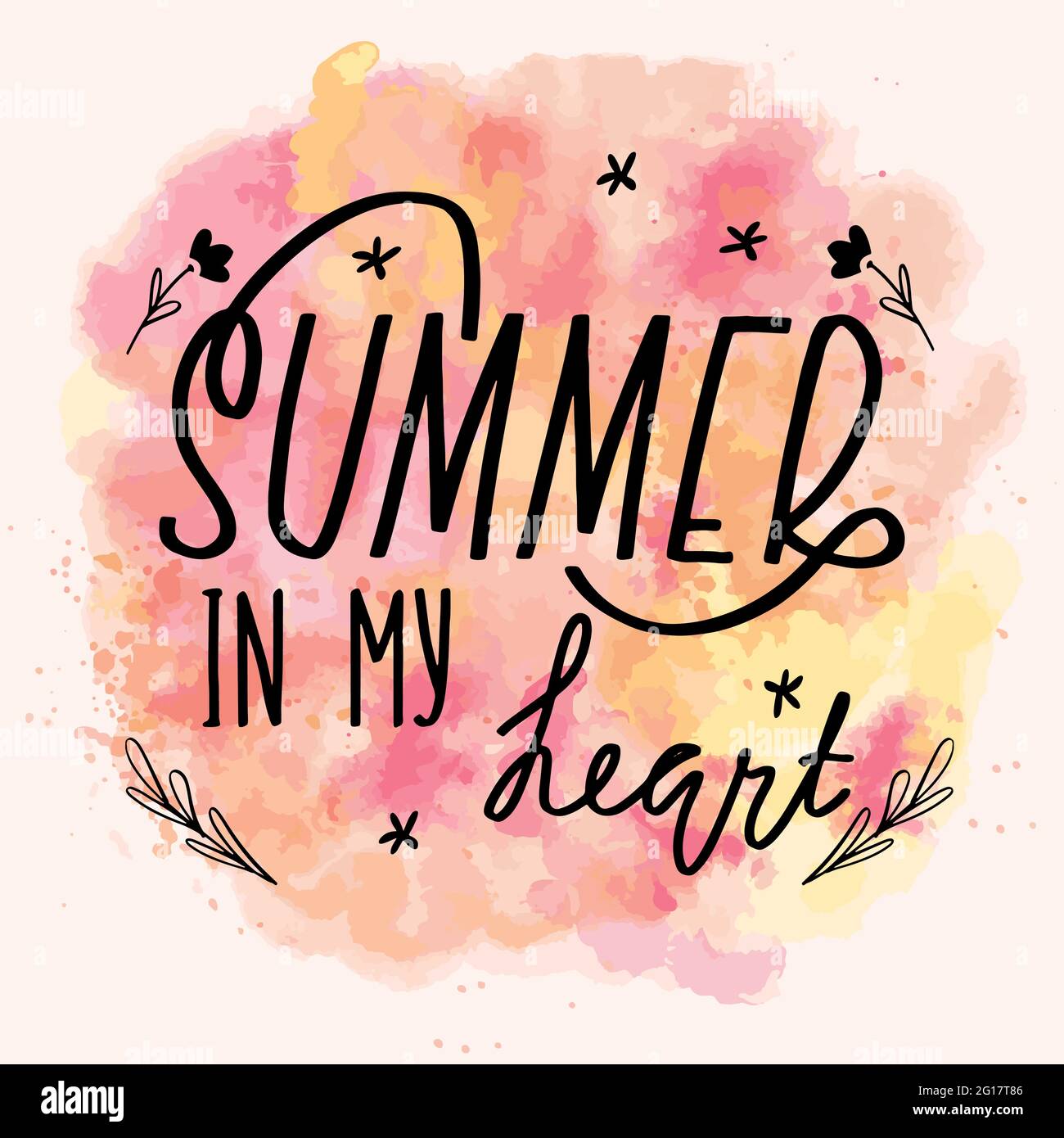 L'été dans ma carte de calligraphie de coeur lettering. Illustration du message d'accueil vectoriel. Texte noir avec éléments sur fond aquarelle. SPE 10 Illustration de Vecteur