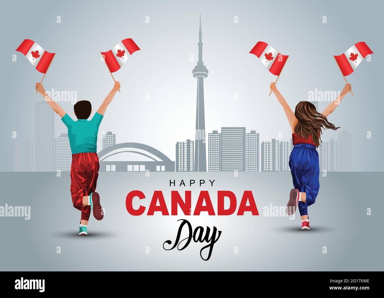 Joyeux fête du Canada le 1er juillet. Un garçon et une fille qui court avec le drapeau du Canada. Dessin d'illustration vectorielle. Illustration de Vecteur