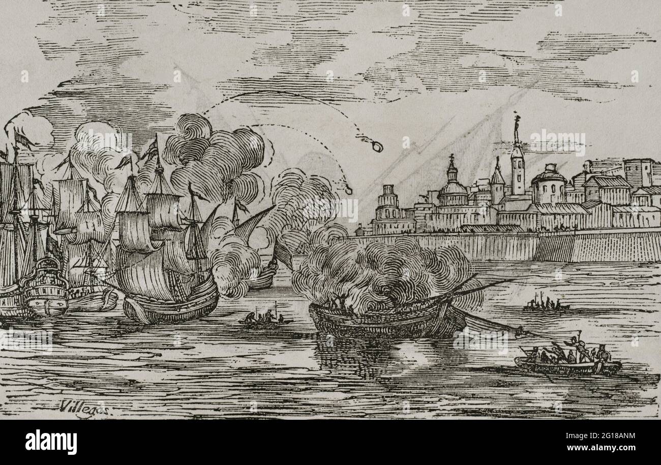 Guerre anglo-espagnole (1796-1802). Guerres révolutionnaires françaises. Agression contre Cadix (1797). Il faisait partie de l'opération militaire du blocus naval du port de Cadix par la Marine royale. Bombardement du port espagnol de Cádiz par la flotte britannique commandée par John Jervis et Horatio Nelson (juin 1797). Nelson a été nommé au commandement de l'escadron côtier qui blockait le port. Les forces navales espagnoles commandées par José de Mazarredo et Federico Gravina ont réussi à repousser les attaques et ont vaincu la flotte anglaise. Gravure. Historia del Levantamiento, guerra y revolución de España par Th Banque D'Images