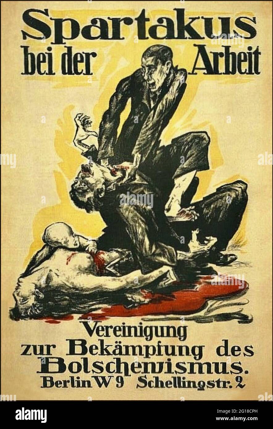 Une affiche allemande anti-communiste de 1919 montrant un homme à la traque un autre avec le slogan 'Spartacus at Work'. Spartacus était un groupe communiste à Berlin après la première Guerre mondiale. Banque D'Images
