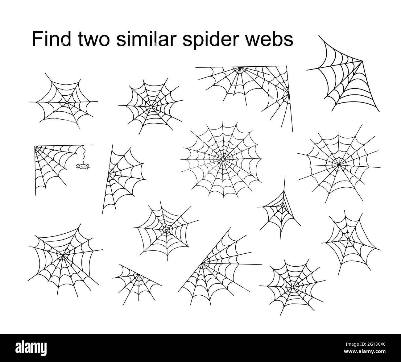 Trouvez deux semblables Halloween araignée webs activité éducative pour les enfants, esquisse dessin à la main illustration vectorielle du jeu de puzzle, simple dessin animé Doodle fantaisie insecte feuille de travail Illustration de Vecteur