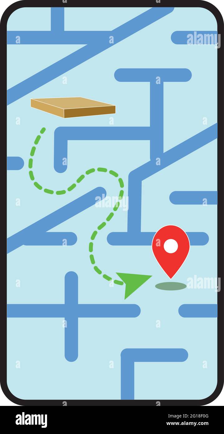 Plan de la ville sur l'écran du smartphone. Suivi de livraison de pizza en ligne par maquette web vecteur plan ville Illustration de Vecteur