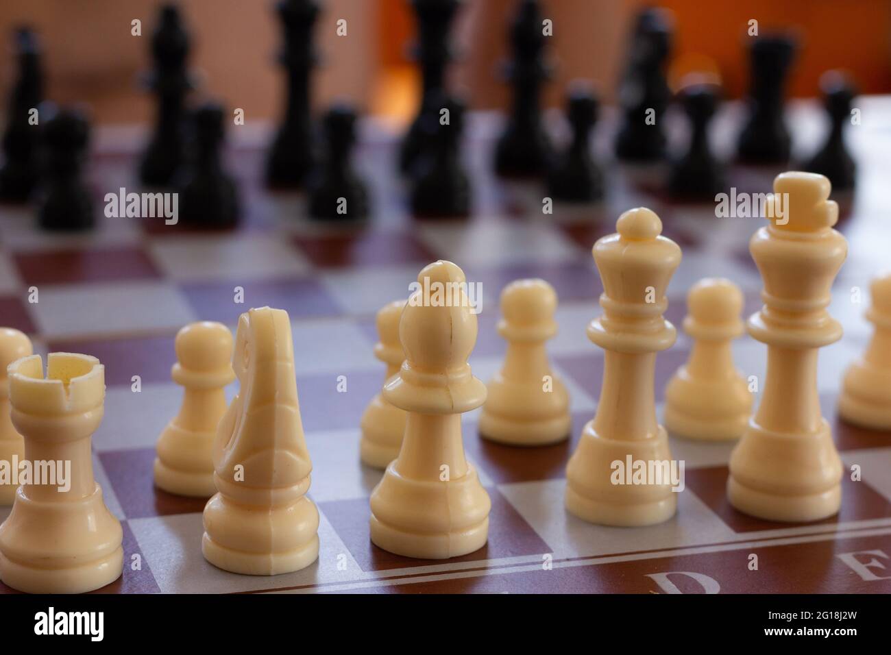 Gros plan sur les pièces blanches de l'échiquier. Jeux d'échecs, stratégie, concepts d'intelligence Banque D'Images